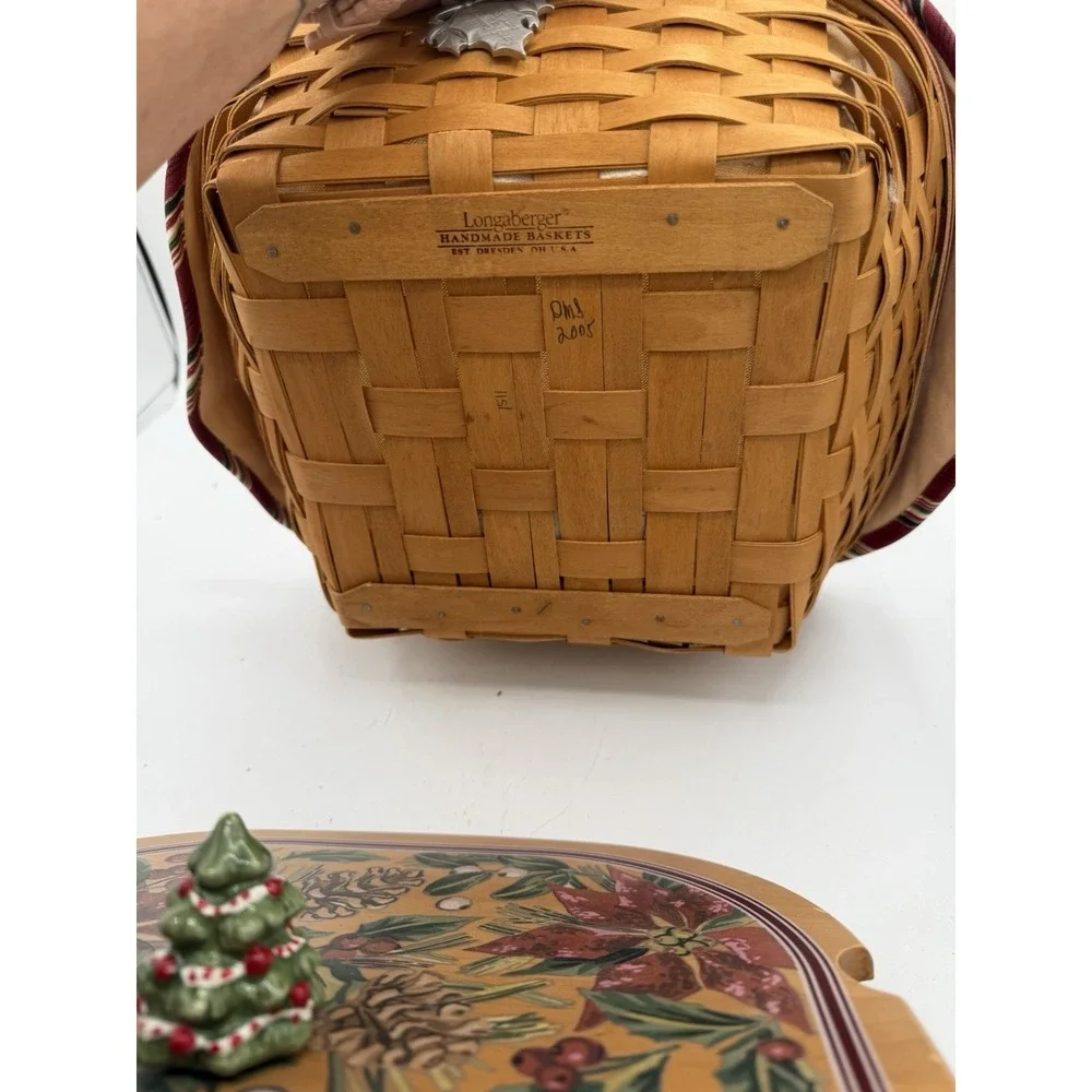 Longaberger 2005 Silver Bells Basket Set 🧺 Lid, Liner, Protector & Holiday Knob